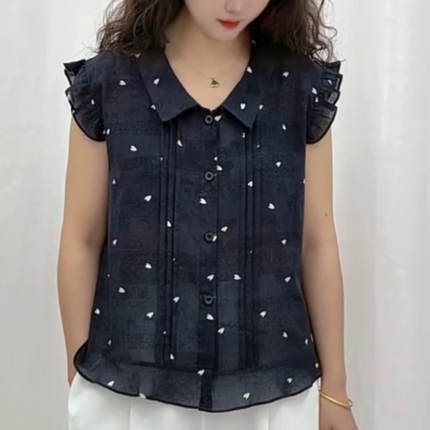 非凡秀木耳边飞飞袖女士衬衫夏季新款韩版时尚薄款蓝色小心上衣