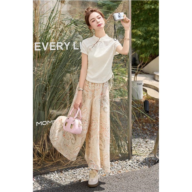 新中式国风复古盘扣套装女2025夏季新款时尚气质印花阔腿裤两件套