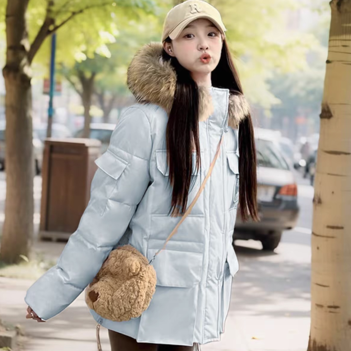 2025派克工装羽绒服短款女加厚貉子大毛领户外首选