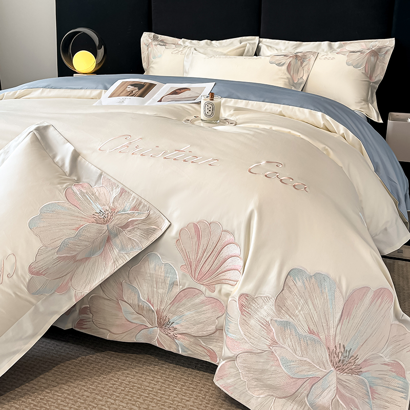 富安娜【清仓处理】轻奢160支长绒棉A类四件套纯棉花卉刺绣高档床品