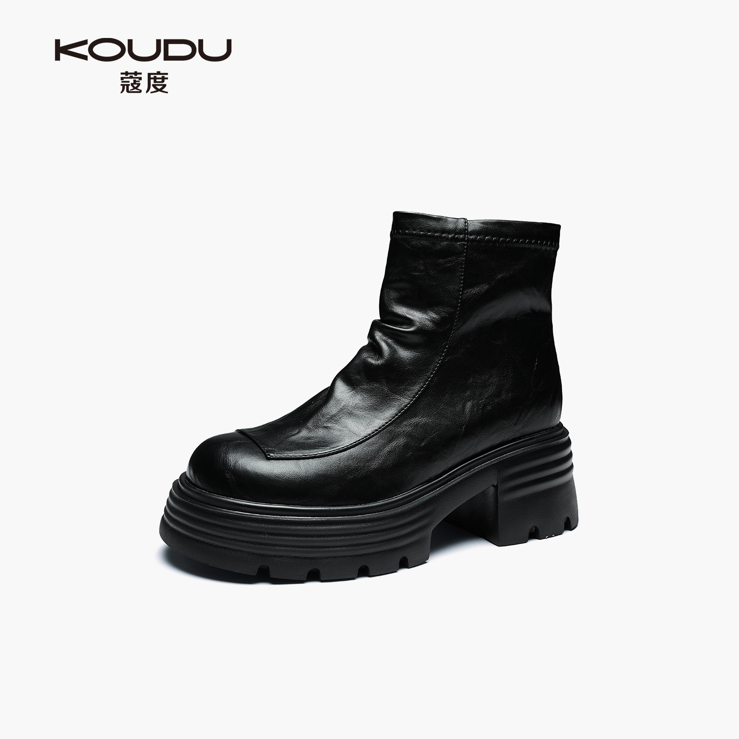 KOUDU/蔻度冬季褶皱马丁靴街头风女靴简约女鞋加绒厚底粗跟3419