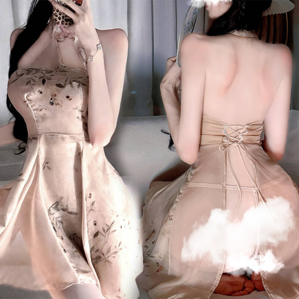 夜生活复古新中式A字裙妖媚诱惑印花旗袍性感纯欲裸背情趣内