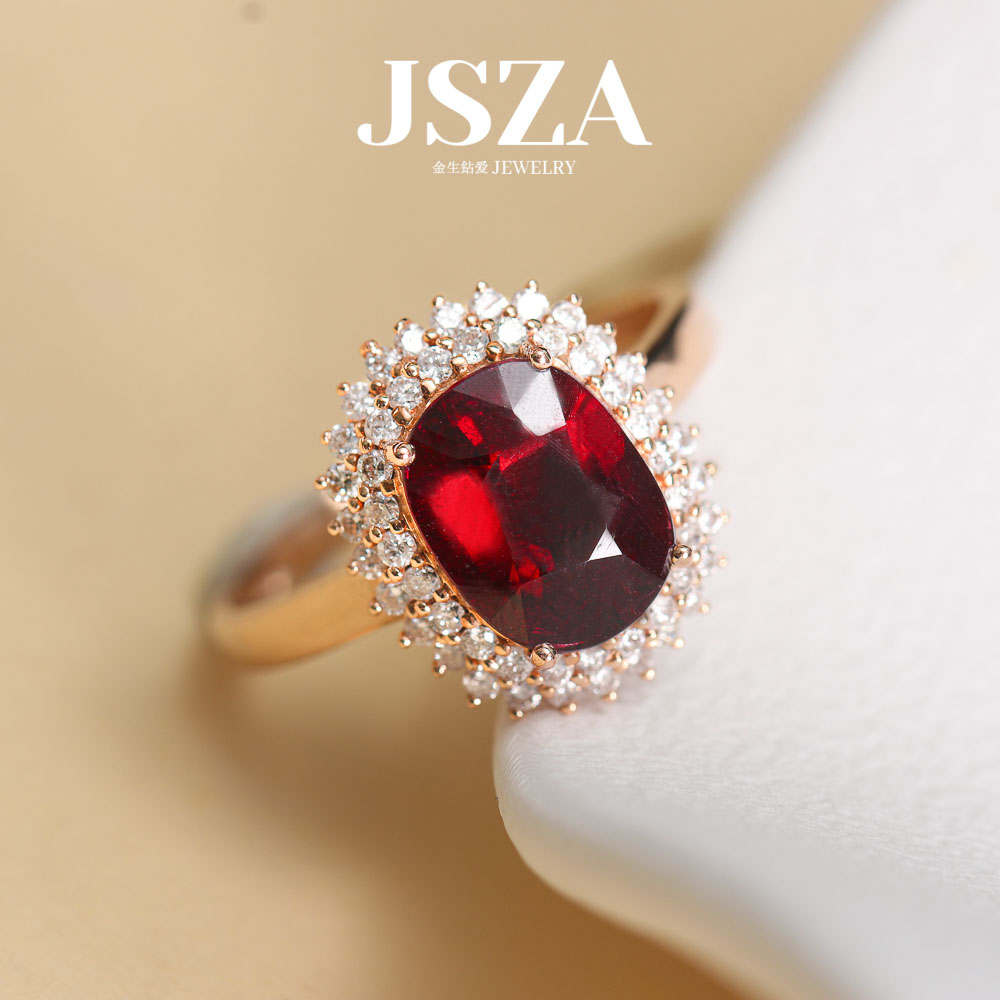 18K玫瑰金镶嵌天然碧玺戒指2ct 鸽血红颜色美艳经典时尚