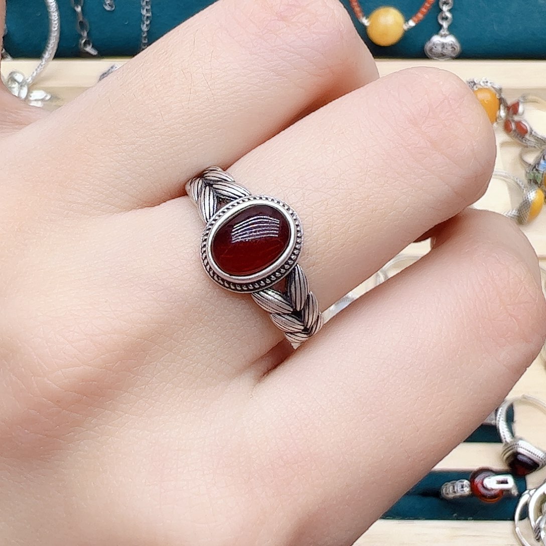 血珀戒指银S925镶嵌天然