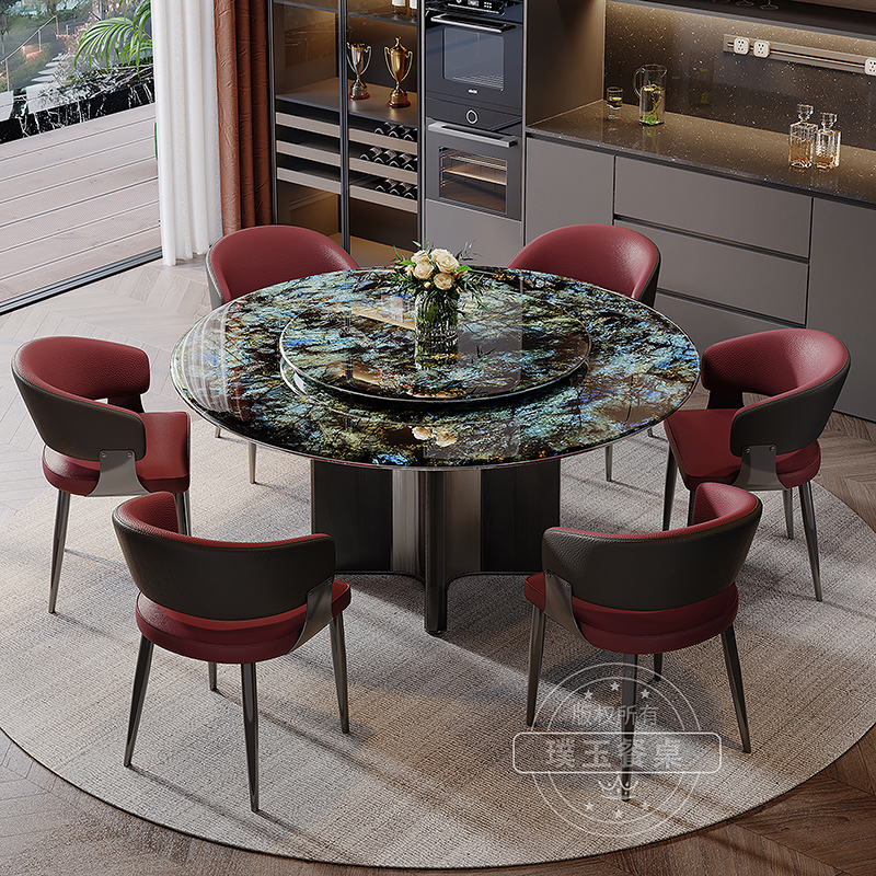 蓝翡翠亚马逊绿祖母绿纹天然大理石圆形餐桌椅组合轻奢高端带转盘