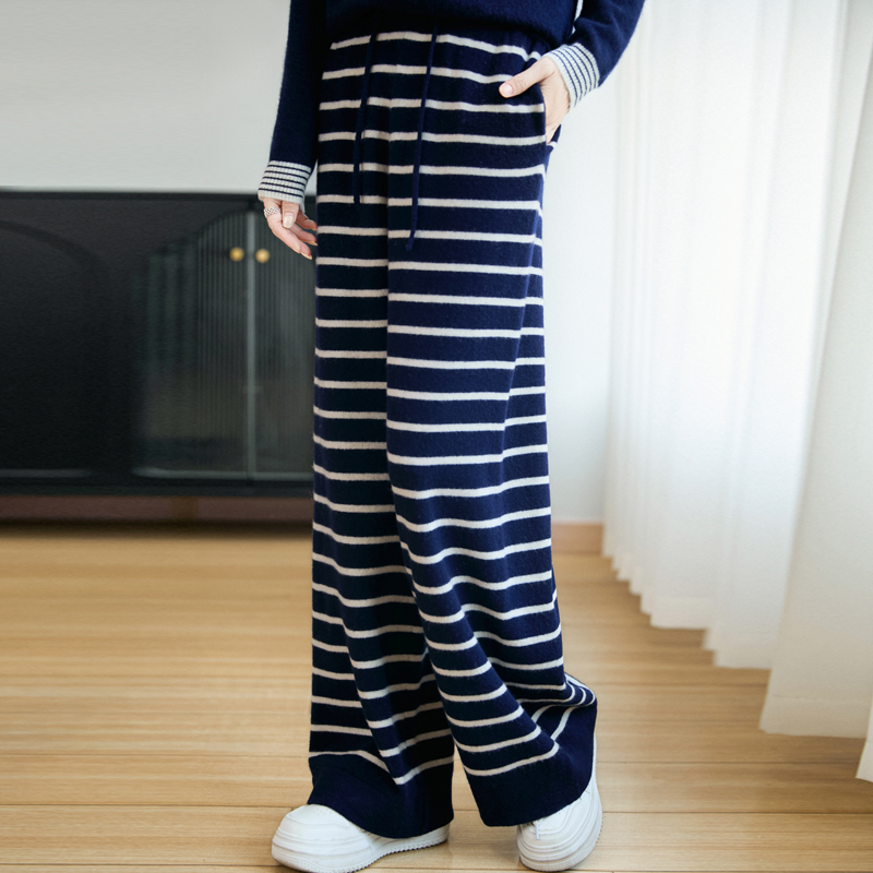 100羊毛裤子直筒阔腿裤宽松气质保暖秋冬抽绳中高腰休闲裤女
