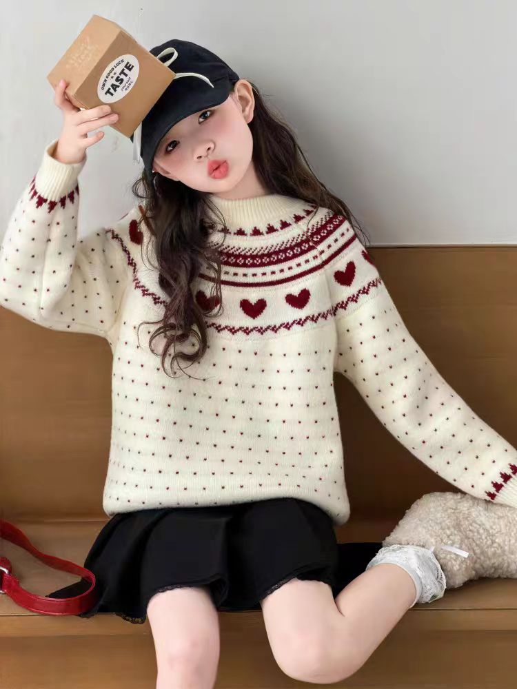 女圆领爱心常规款毛衣针织衫百搭宽松毛衣加厚韩国绒