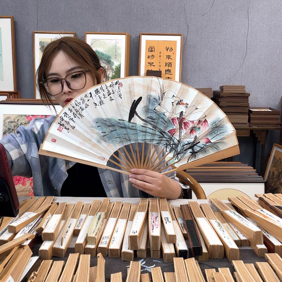 国画10寸玉竹-纯手绘-文玩扇骨（默认粘好）