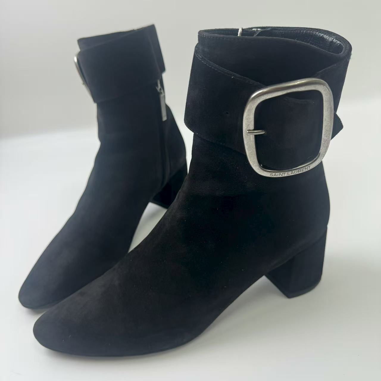 99新 YSL/圣罗兰 37码/仔仔女鞋/黑色方扣粗跟短靴426
