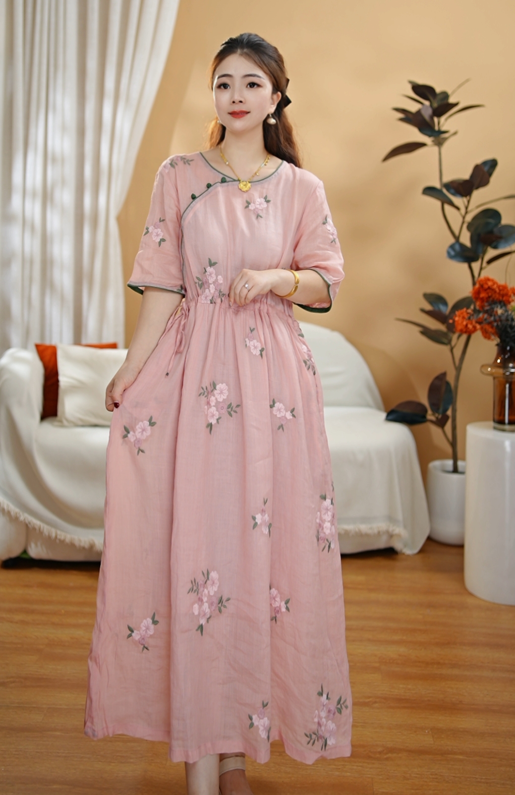 【素雅】夏季新品长款苎麻宽松收腰显瘦系带大裙摆连衣裙长裙3103