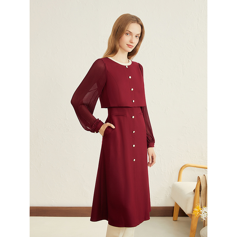 YINER音儿专选2025秋季新款法式皱褶袖羊毛混纺连衣裙8C65305216