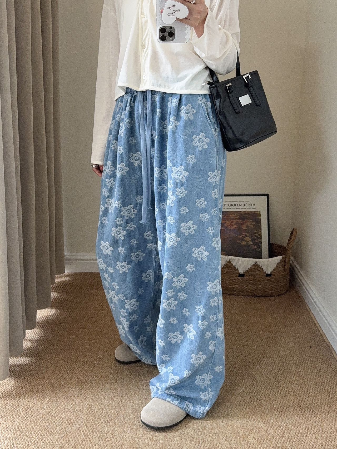 程程甄选 韩系定制立体雕花时尚牛仔中高腰百搭休闲裤1056