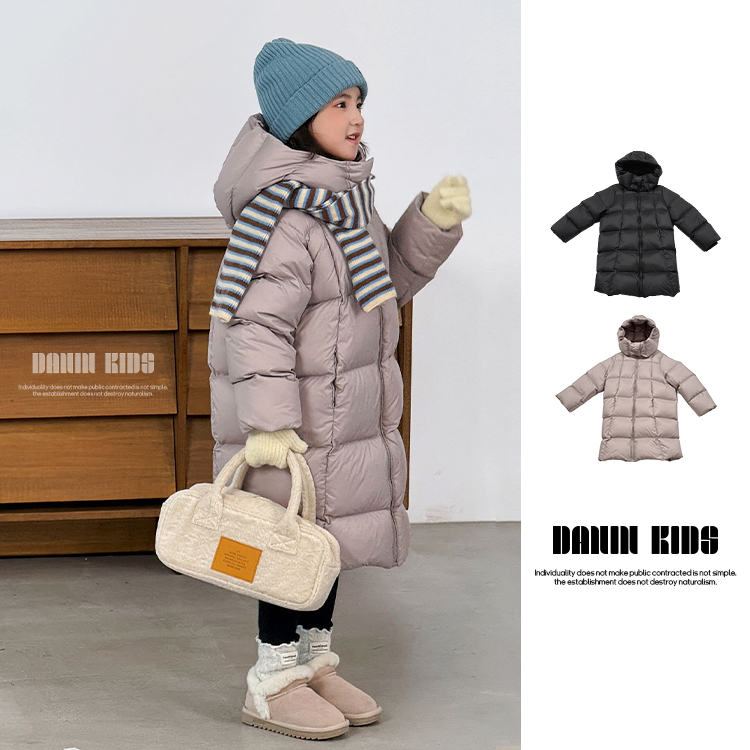 【嗒囜】90白鸭绒女童冬季保暖连帽长款羽绒服儿童宽松羽绒服外套