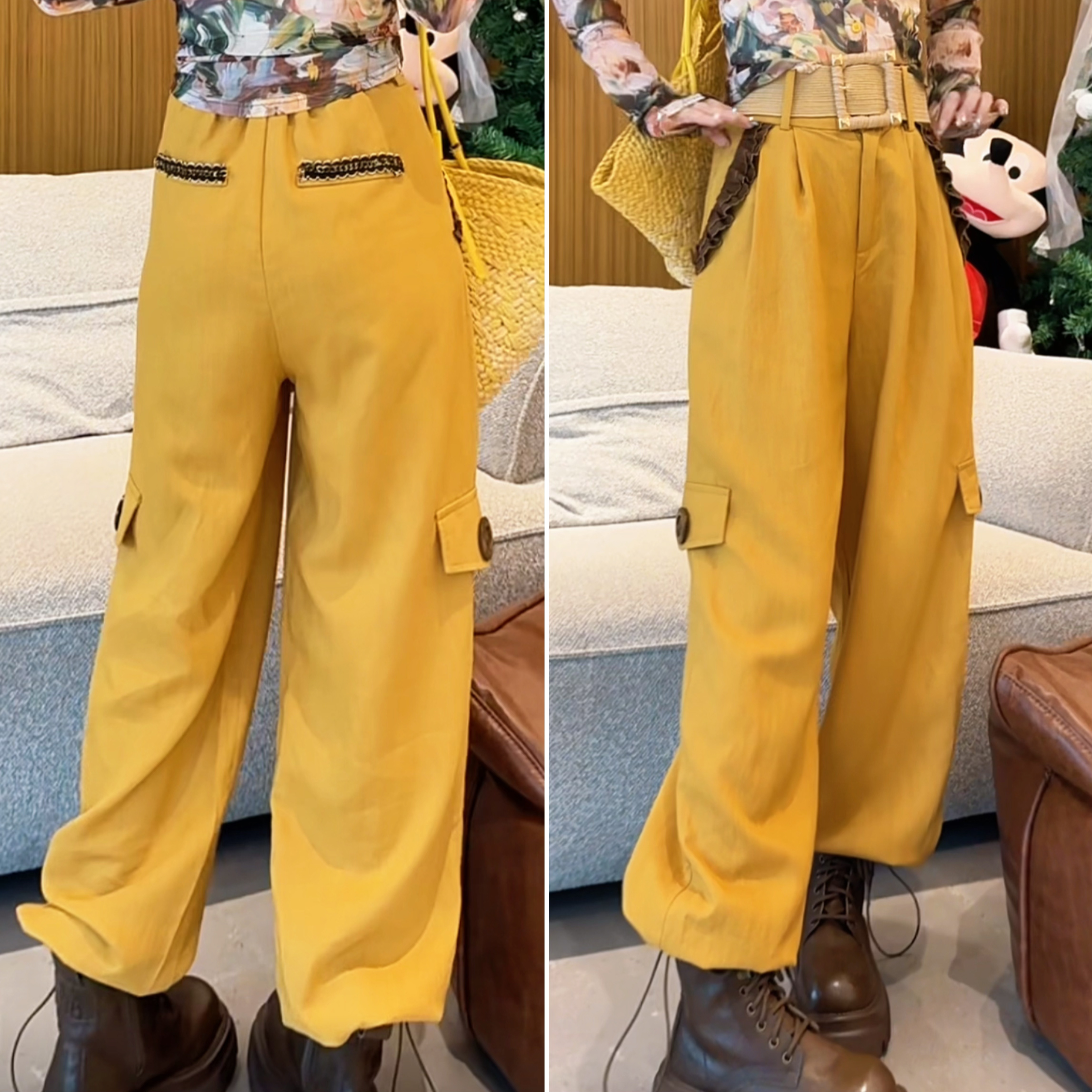 z4609 CC推荐 亚麻设计款半松紧腰大口袋黄色休闲工装裤