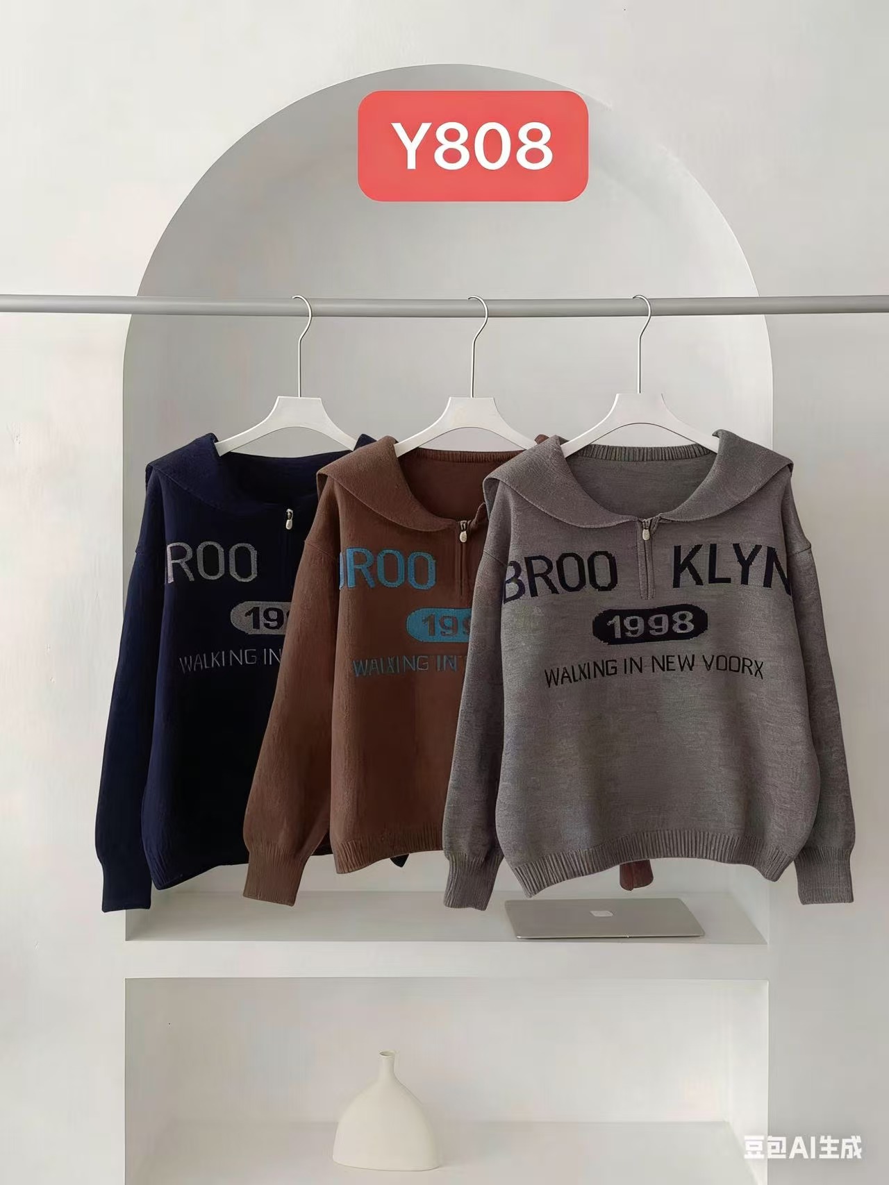 【瑶瑶专属】808【衣长58】半拉链字母提花海军领针织毛衣显瘦冬季新