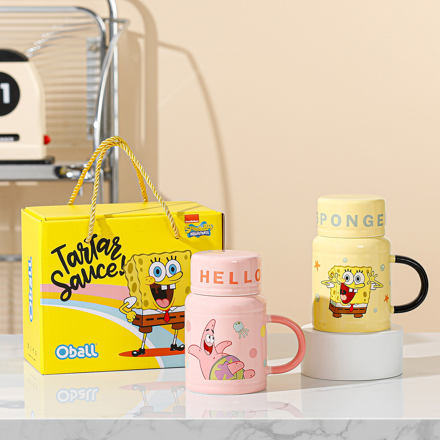 海绵宝宝正版授权马克杯带盖高颜值女生卡通水杯情侣陶瓷杯子