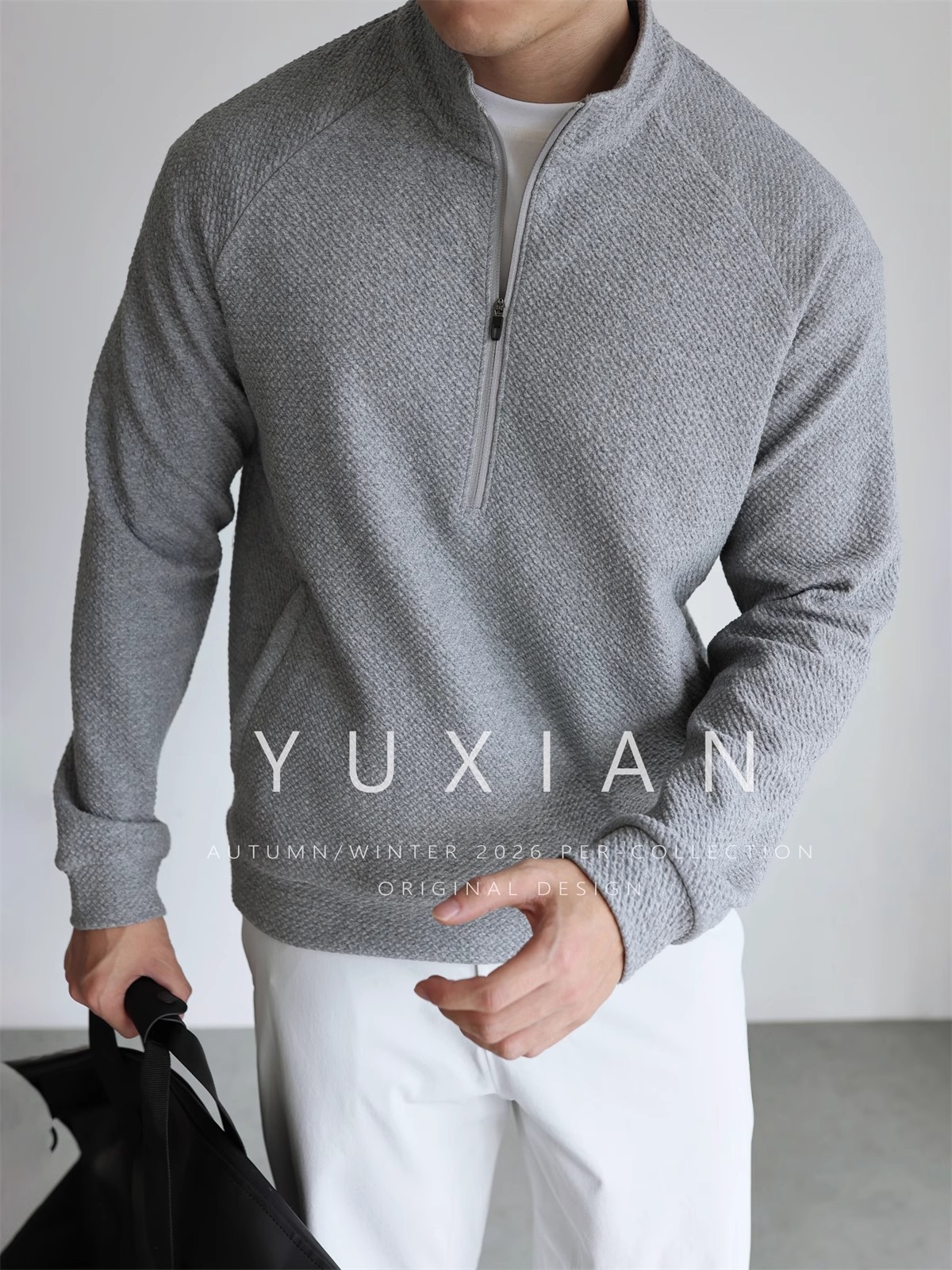 【都市运动系列】棉质泡泡双面半拉链运动卫衣立领套头长袖健身男