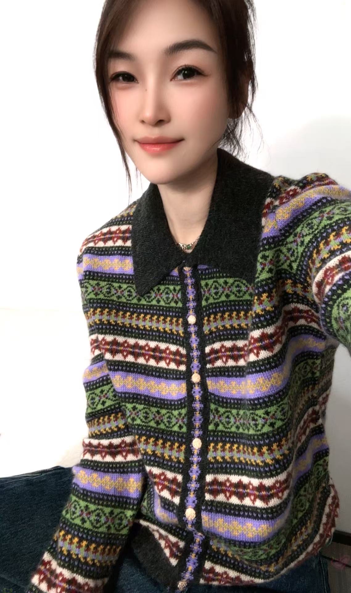 重磅款费尔岛花纹纽扣开衫polo领针织毛衣