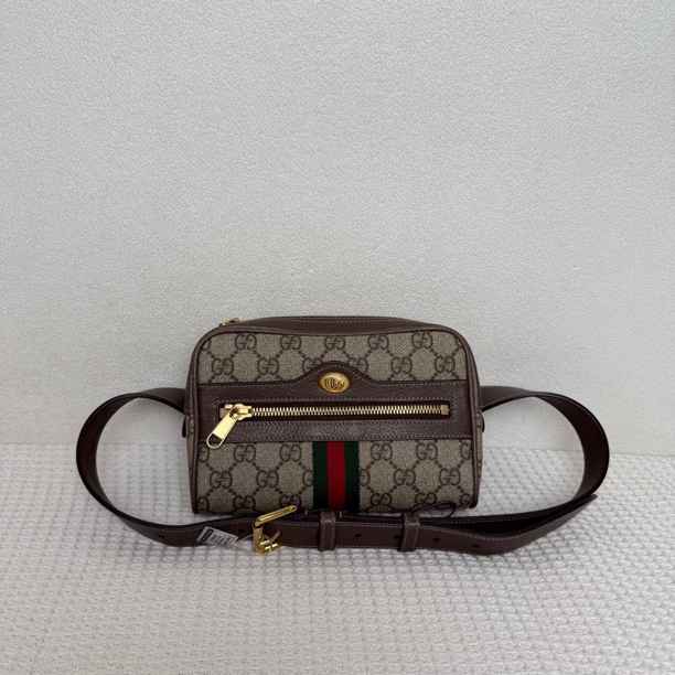 99新 GUCCI/古驰 98新/5738经典时尚棕老花印花红绿织带腰包