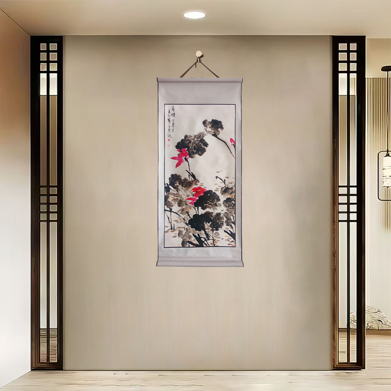 {40-392荷花红莲图}净尺寸40x85cm现代简约挂轴装饰画