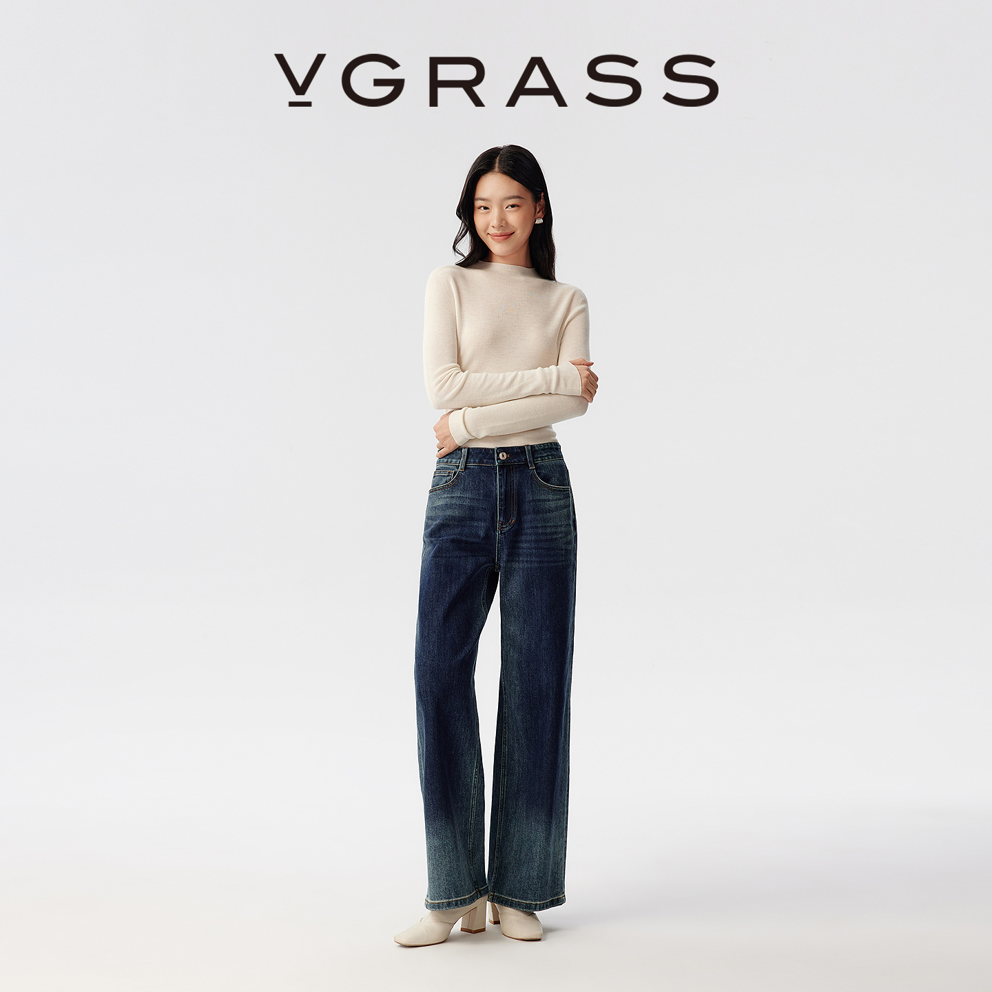 VGRASS清爽棉感经典斜纹牛仔裤25早秋新款宽松直筒裤VSK2Q3131H