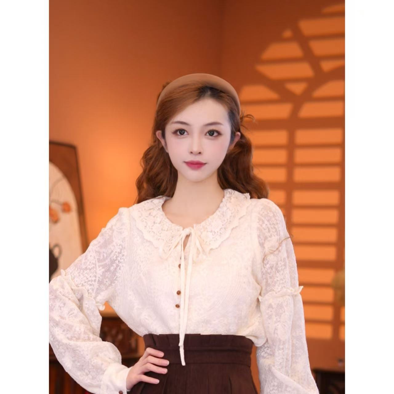 乐乐【芭蕾诗集】港味复古时尚气质设计感长袖上衣02889