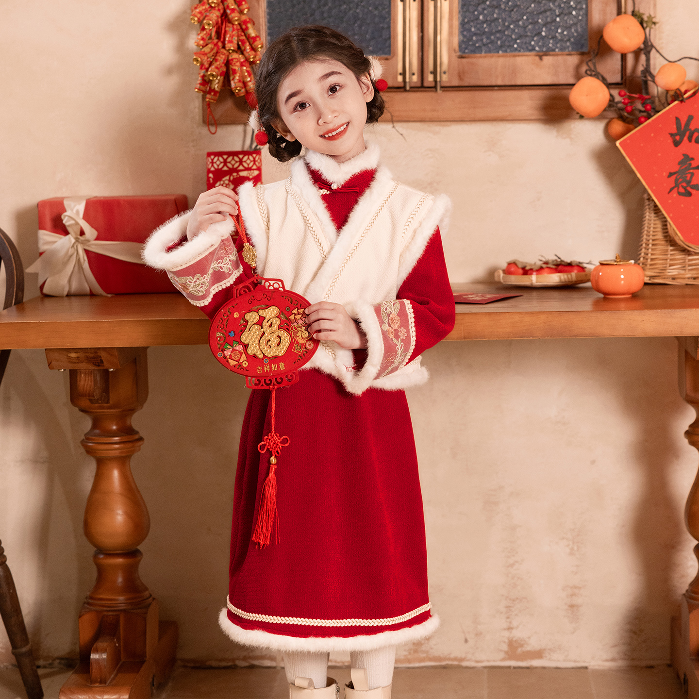 高端女童旗袍冬款长袖加厚唐装儿童中国风小女孩拜年服马甲两件套