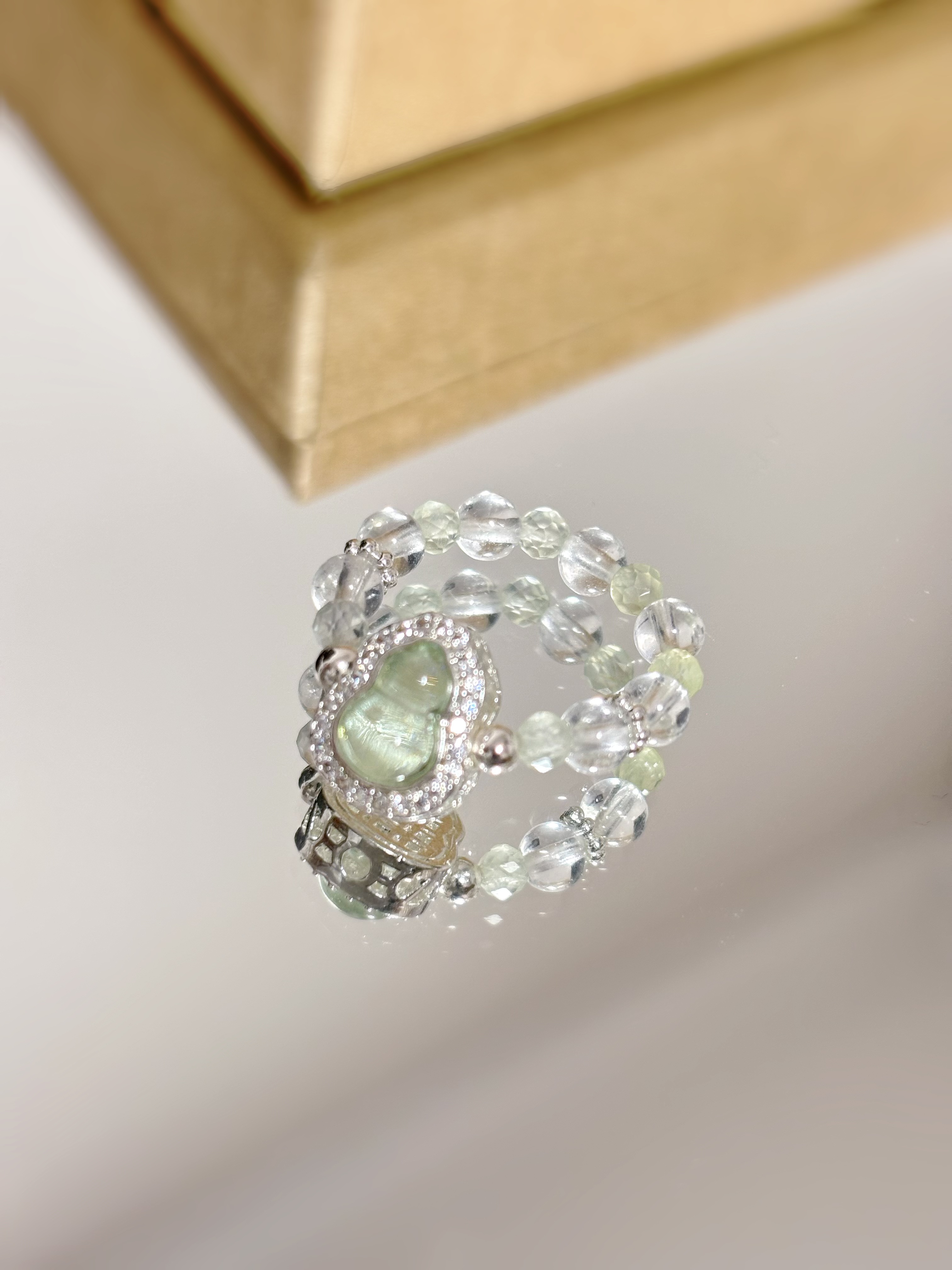 G-52 天然白水晶 切面葡萄石 镀银葫芦 DIY设计款戒指戒圈