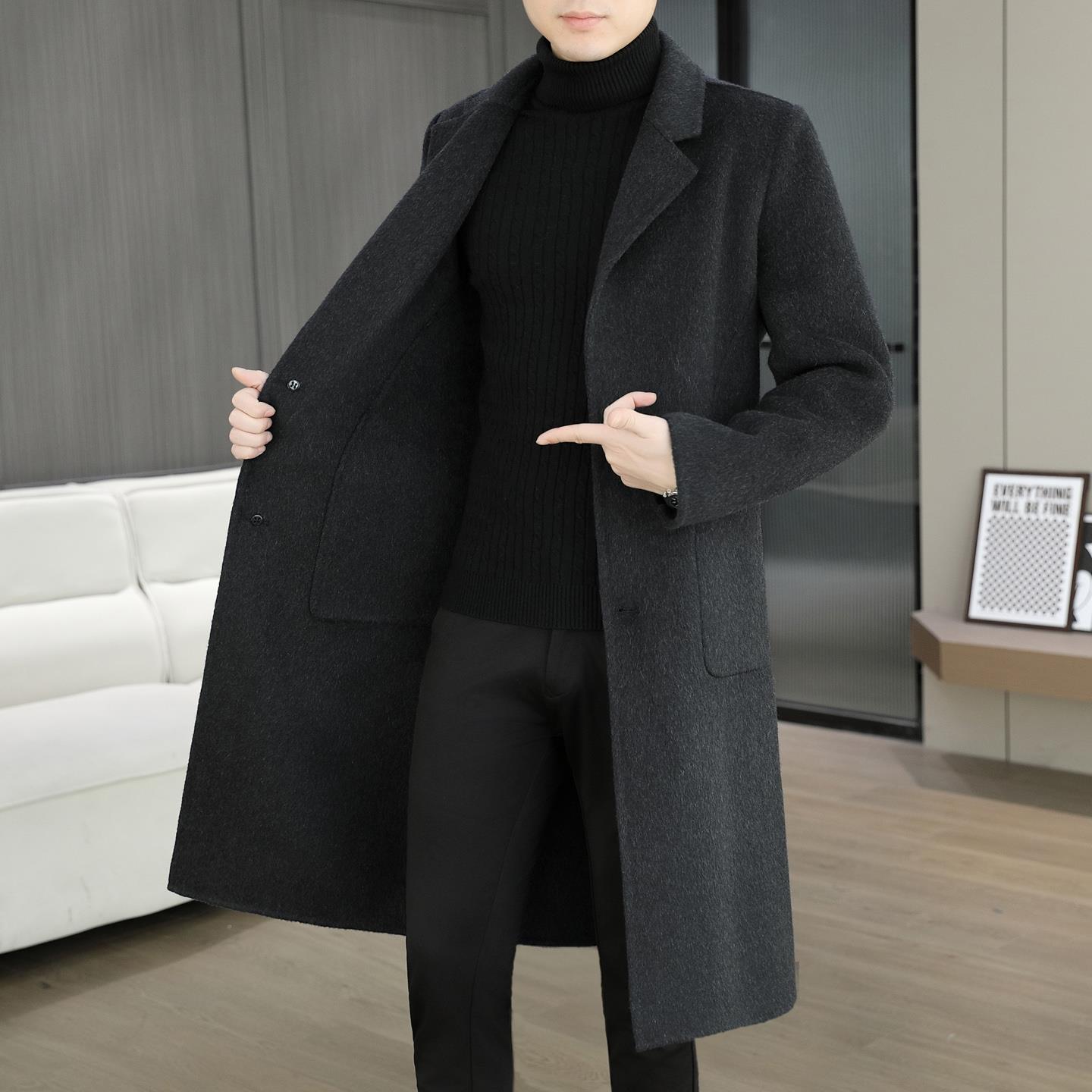 高级感休闲男士毛呢大衣男款秋冬季潮流时尚风衣中长款呢子外套男