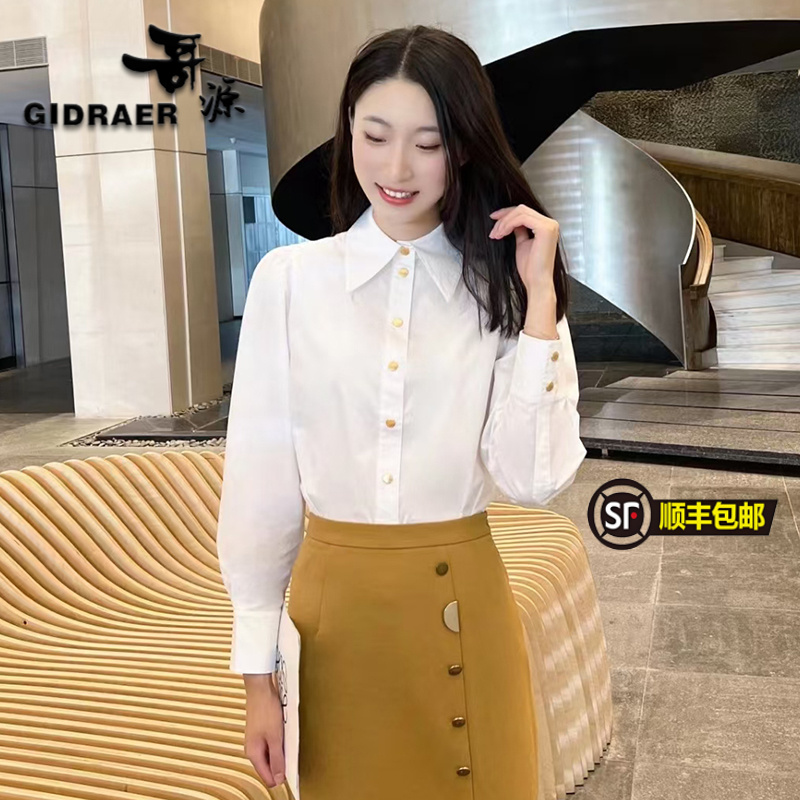魅言2023春新款女装职业休闲金色扣子泡泡袖长袖衬衫上衣显瘦