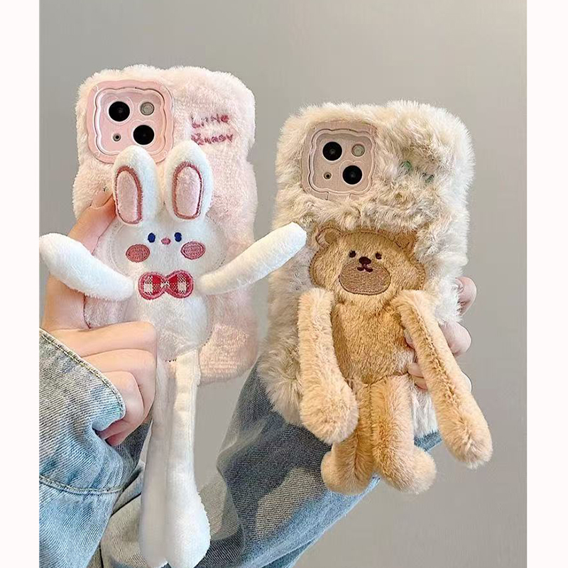 秋冬搞怪拉伸兔子小熊适用iphone17promax苹果16毛绒手机壳15华为
