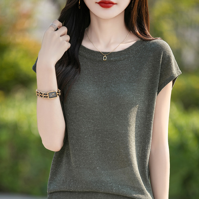夏季新款时尚亚麻天丝凉感圆领包肩袖百搭短袖T恤纯色针织上衣女