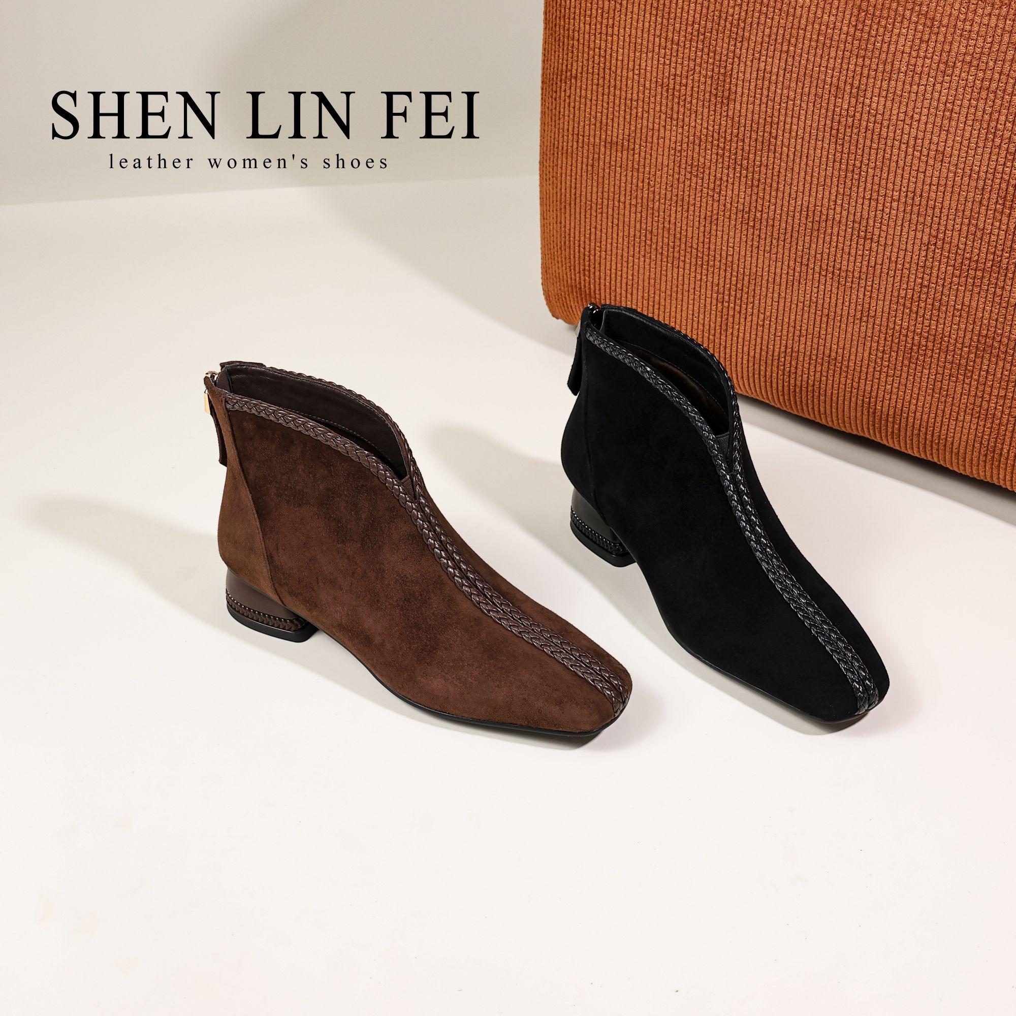 圣琳妃/羊皮/3CM时装靴秋冬时尚秋季粗跟单靴中跟百搭短靴D20815