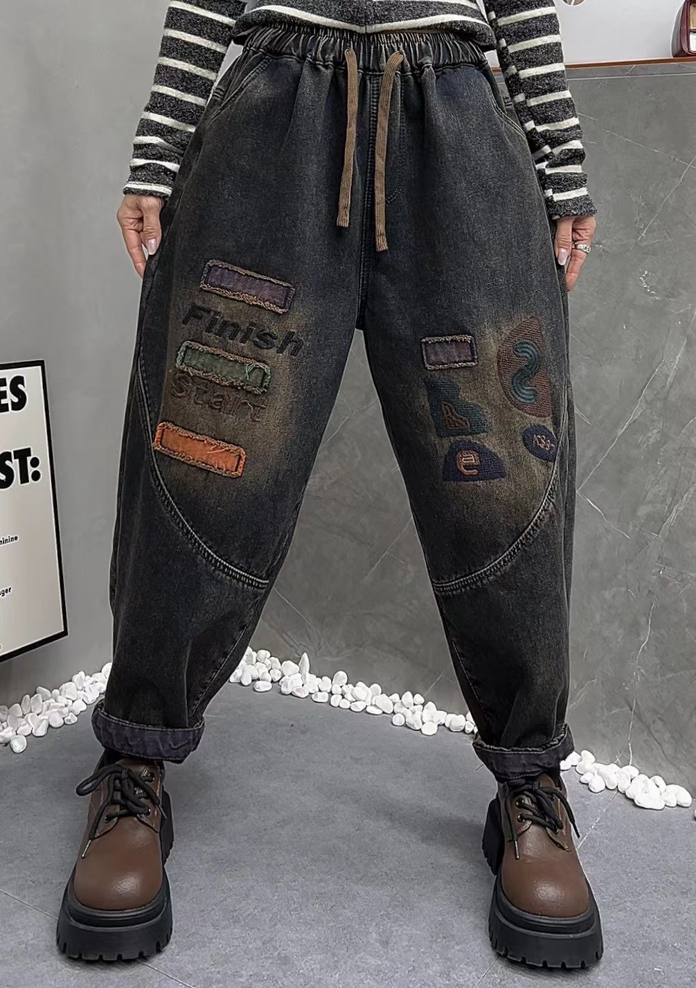 冬季女装新款加绒加厚字母贴布刺绣水洗牛仔裤休闲百搭柔软哈伦裤