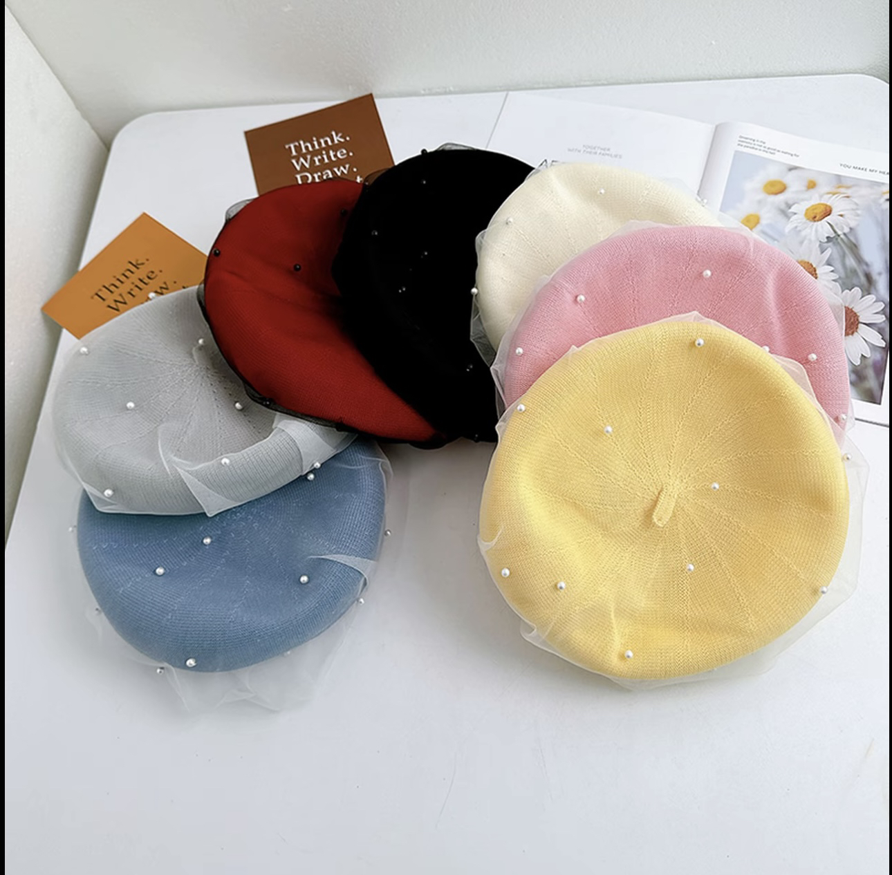 珍珠夏季休闲风贝雷帽·网红百搭春秋针织千金风帽子