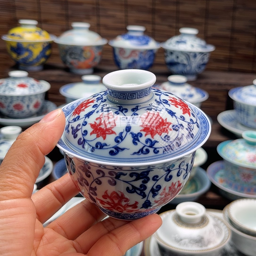 摆件陶景德镇陶瓷二才盖碗