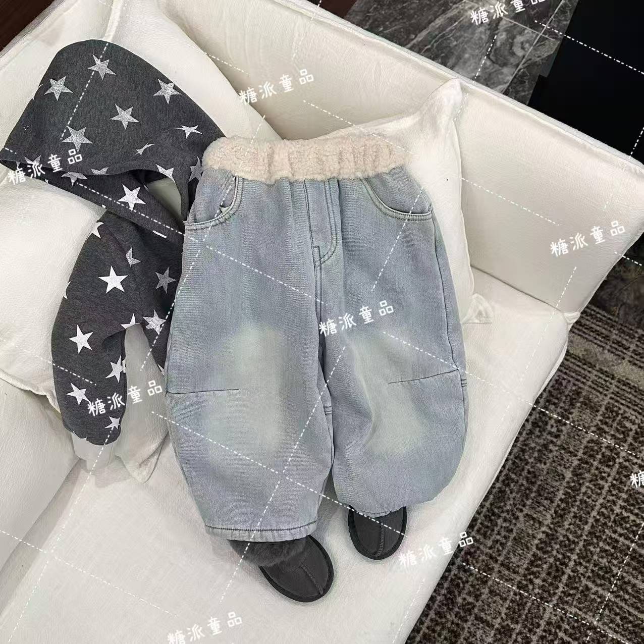 2607加绒韩系牛仔！羊羔腰围定线加绒款宽版牛仔裤