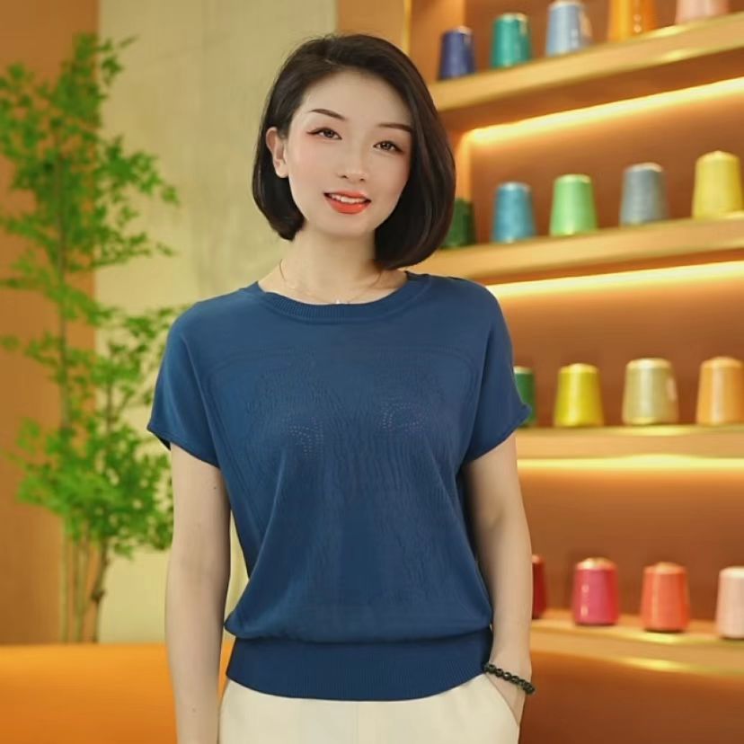 【桑蚕丝+莱赛尔】夏季薄款透气立体镂空针织短袖落肩袖上衣女款