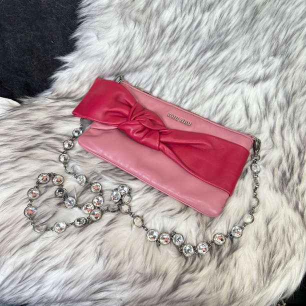 95新 MIU MIU/缪缪 拼色蝴蝶结宝石链条斜挎包