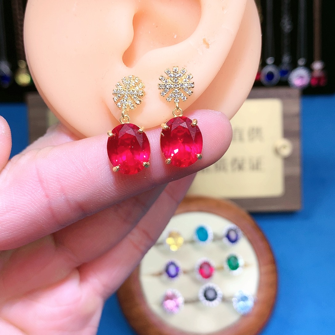 红宝石耳饰银S925镶嵌