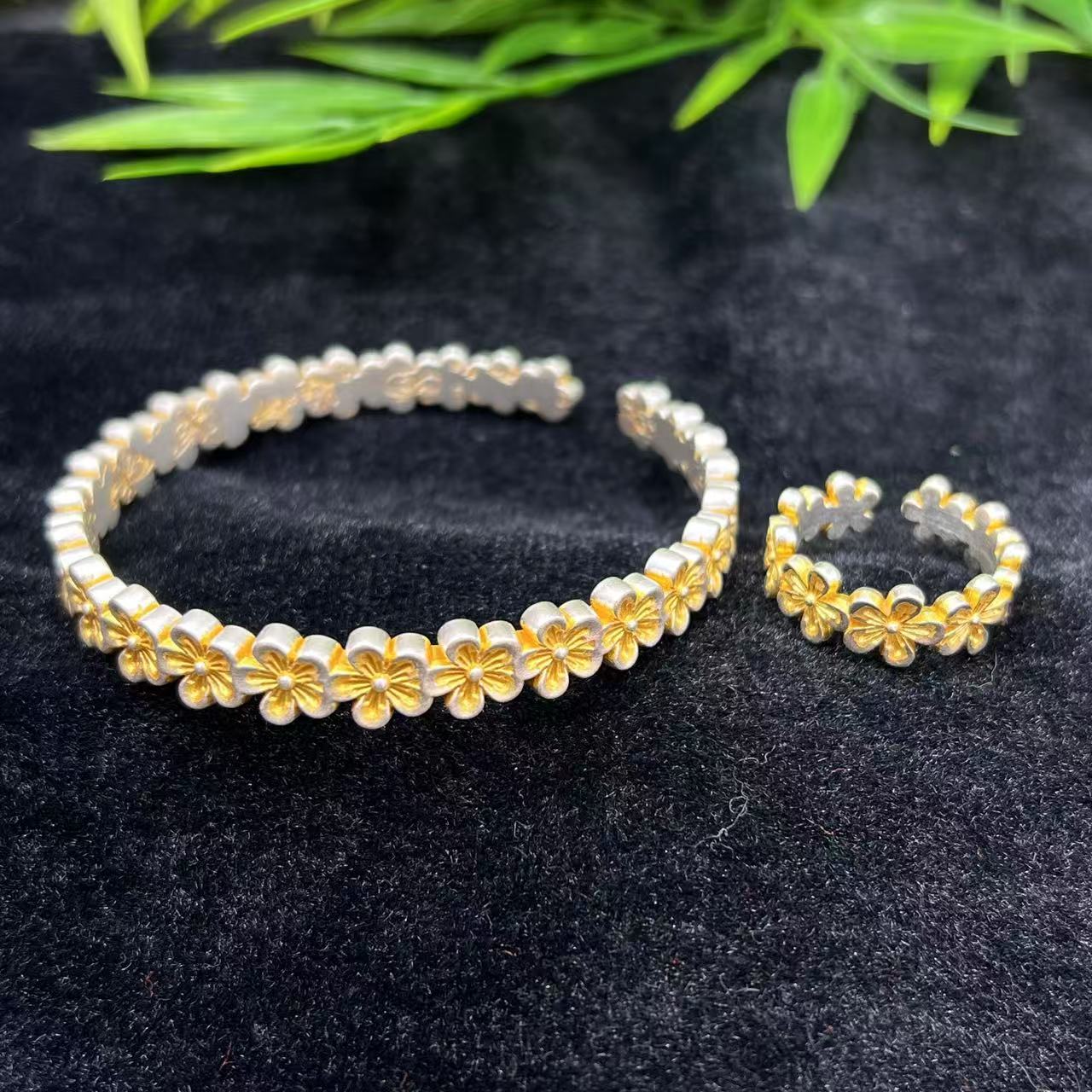 足银手镯 【佰万银庄】足银999.9珐琅桃嫣灼灼桃花手镯套系约28.7g