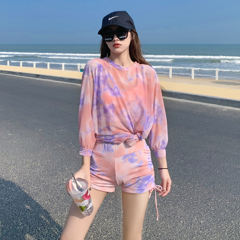 时尚运动套装辣妹吊带背心三件套扎染印花防晒长袖t恤女阔腿短裤