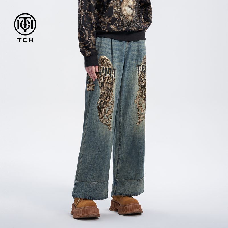 潮牌-TCH潮牌烫钻翅膀休闲百搭款阔腿牛仔长裤男女同款T72C208028