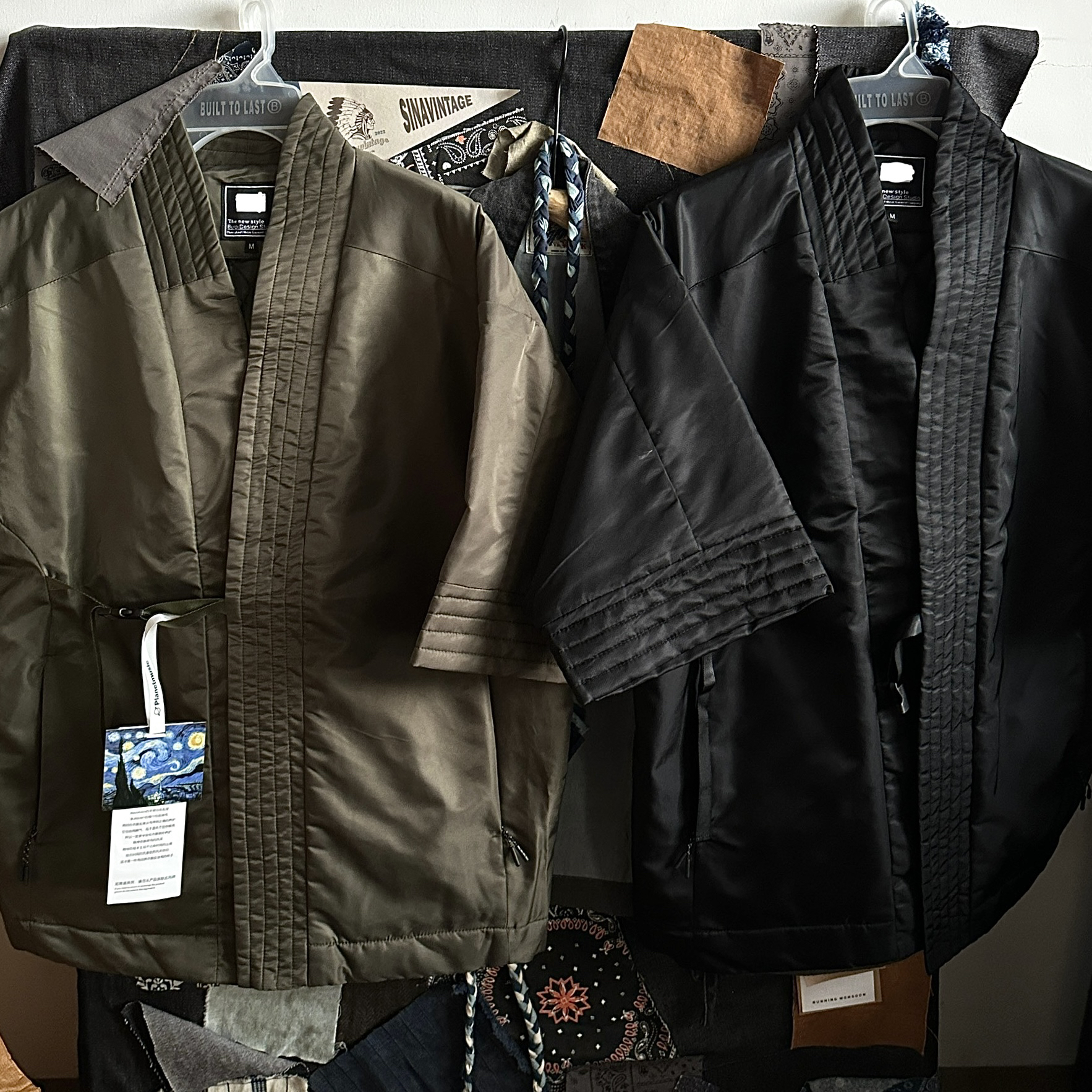 sina日系复古绸缎三防机能道袍棉服七分袖无领新中式外套宽松0409