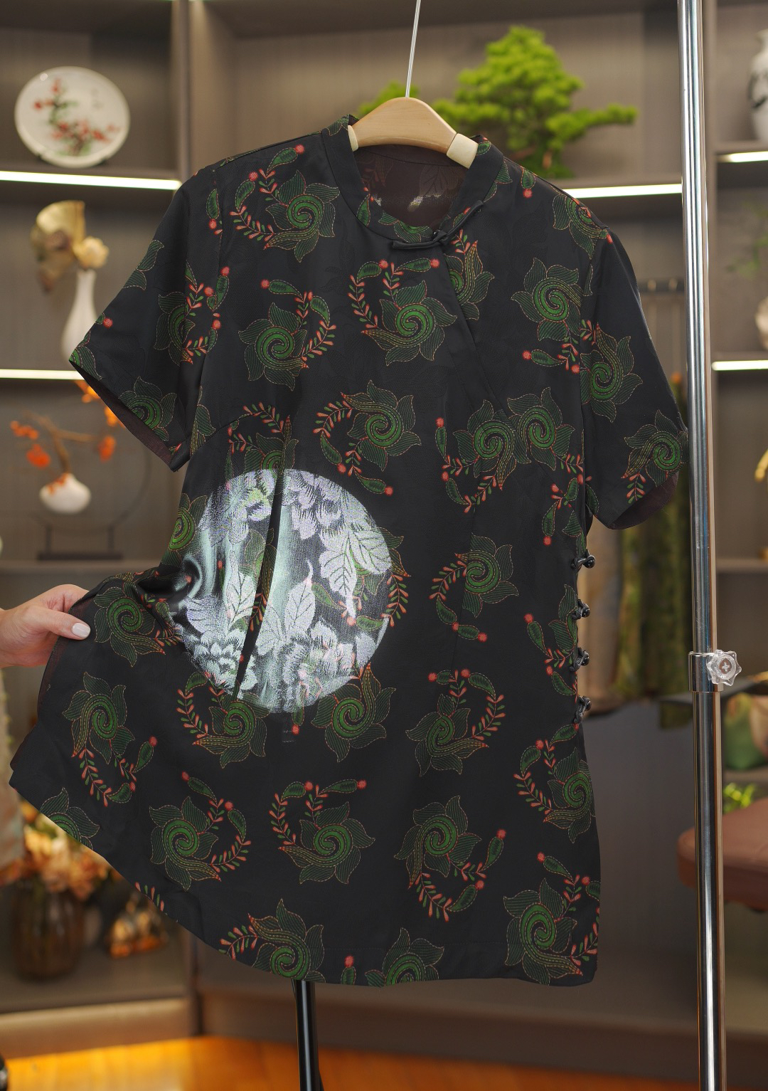 【青鸢-奥黛】新中式中长款桑蚕丝提花盘扣短袖盘扣上衣