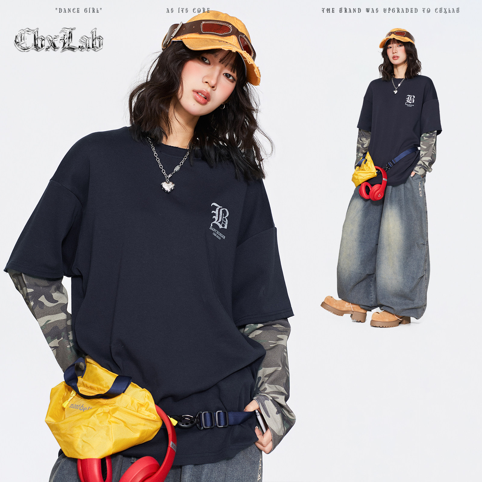 CBXLAB街舞潮牌水洗迷踪层叠长袖嘻哈街头酷帅宽松大T女设计感