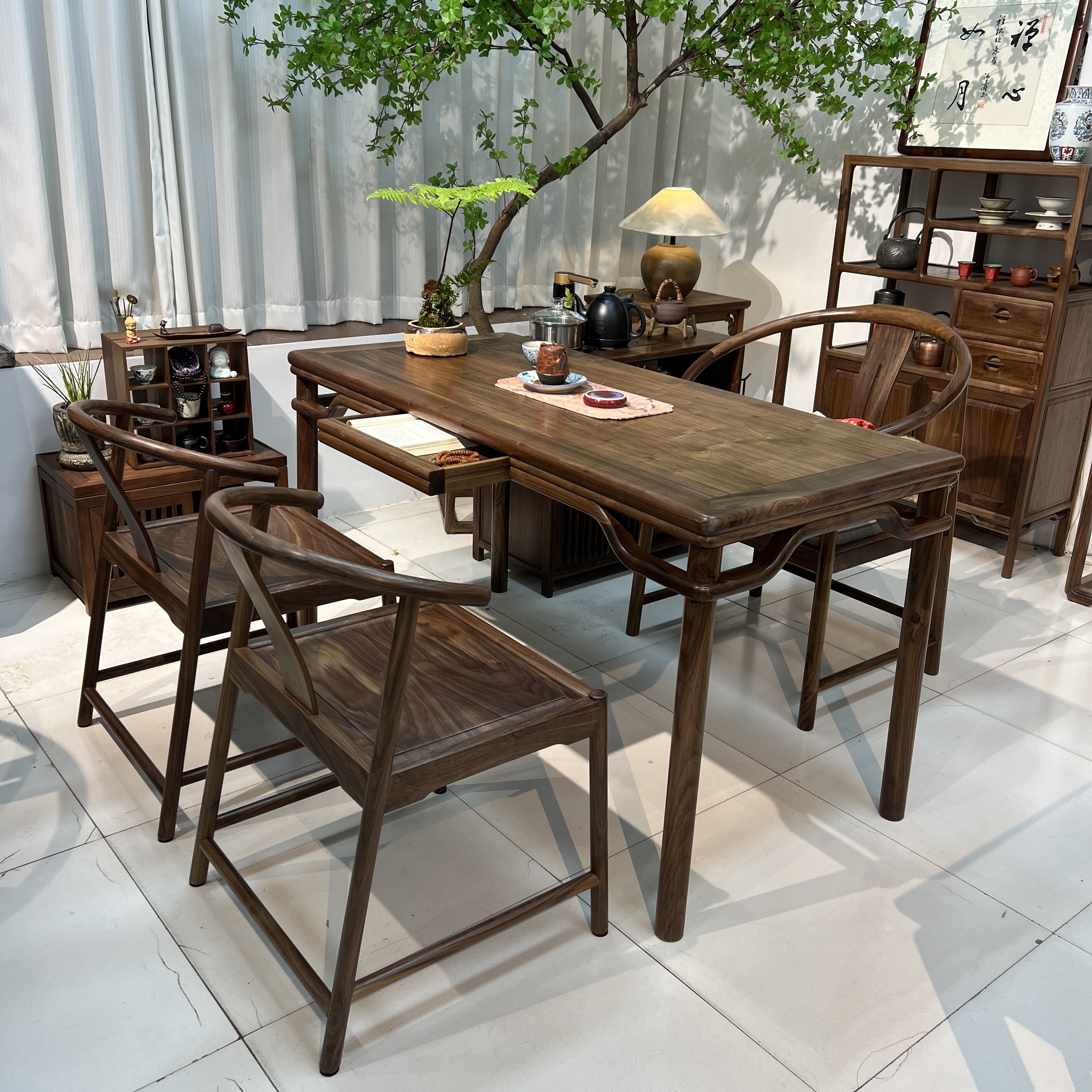 新中式北美黑胡桃木阳台桌全卯榫书桌茶桌餐桌茶艺简约古典圆包圆