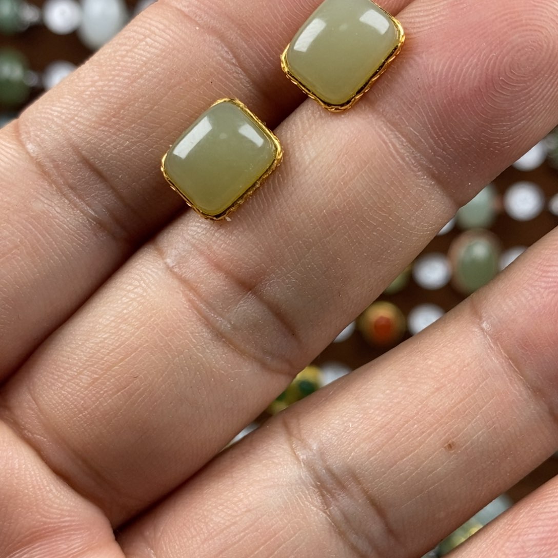 和田玉（青白玉）戒指银S925镀金镶嵌