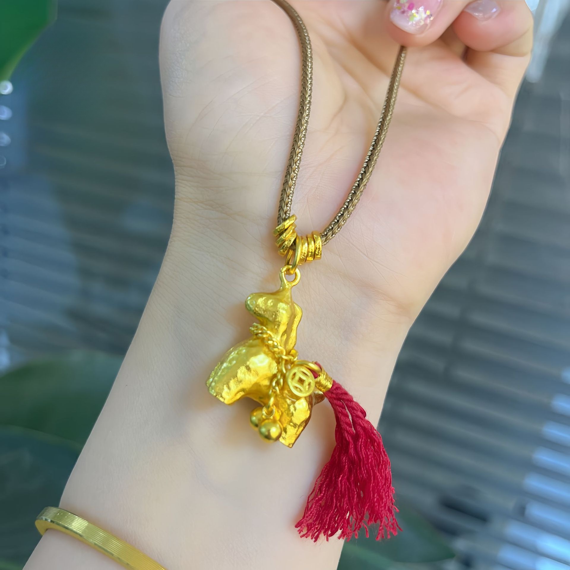 【矿金手工制作】新中式锤纹小马项链马上有钱花吊坠毛衣链国潮风