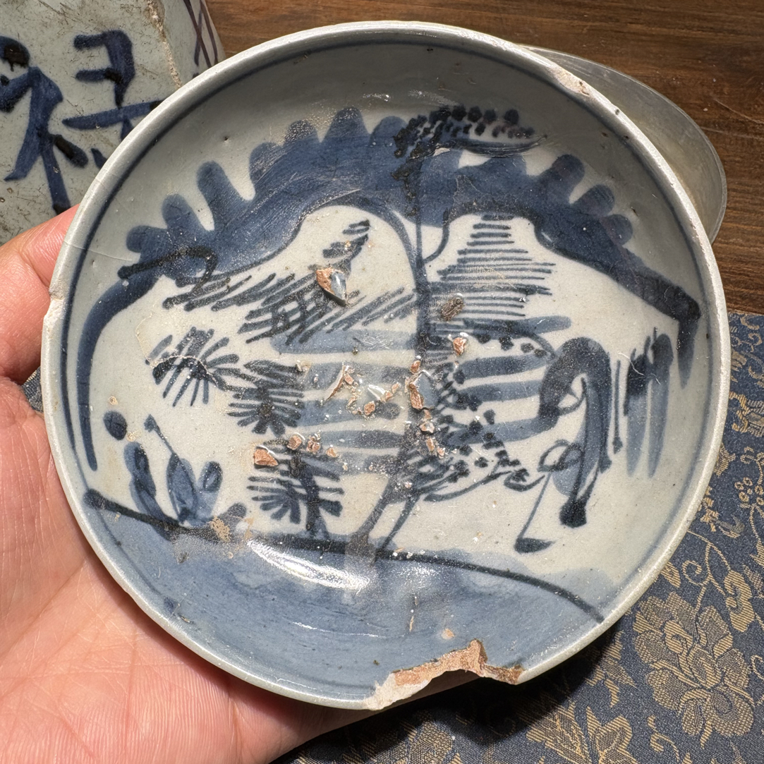 Q康青花山水风景图盘子有磕有短线有窑粘全手工绘制顺丰包邮